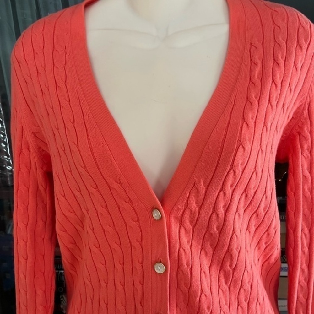 Land’s End XS Cable Knit Sweater V-Neck Coral Orange Orange Melon Like New - Picture 6 of 14